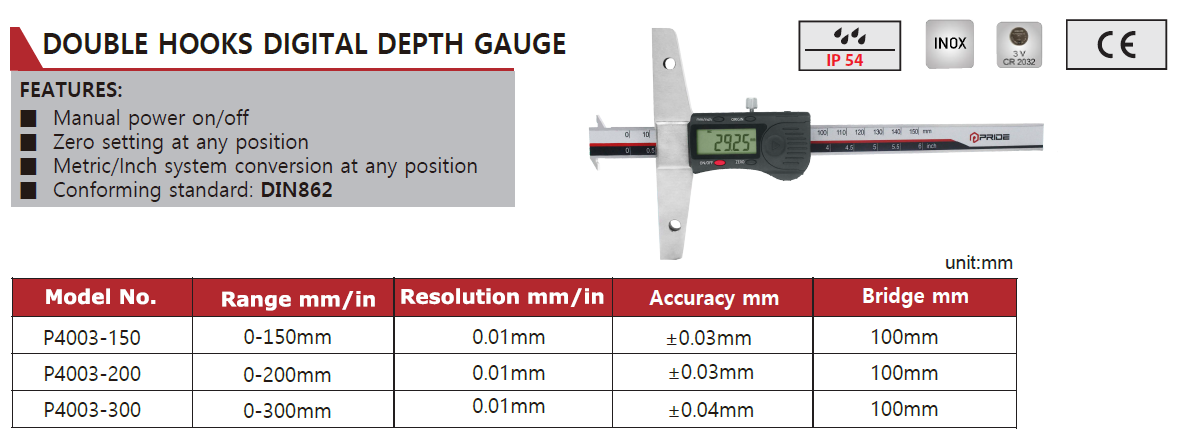P4003-150 DOUBLE HOOKS DIGITAL DEPTH GAUGE 0-150mm