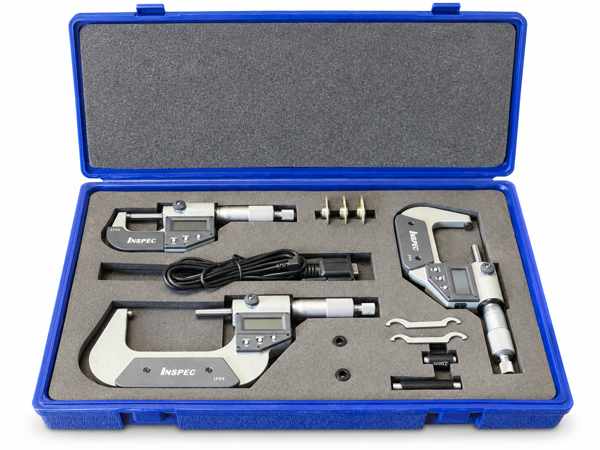Inspec Digital Micrometer Set 130-33-10 Range 0-75mm/0-3" Resolution .00005"/.001mm
