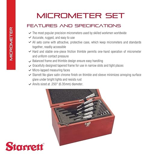 Starrett S436.1MCXRLZ 436.1 Series Outside Micrometer Set, Ratchet Stop, Lock Nut, Carbide Faces, 0-150mm Range, 0.01mm Graduation
