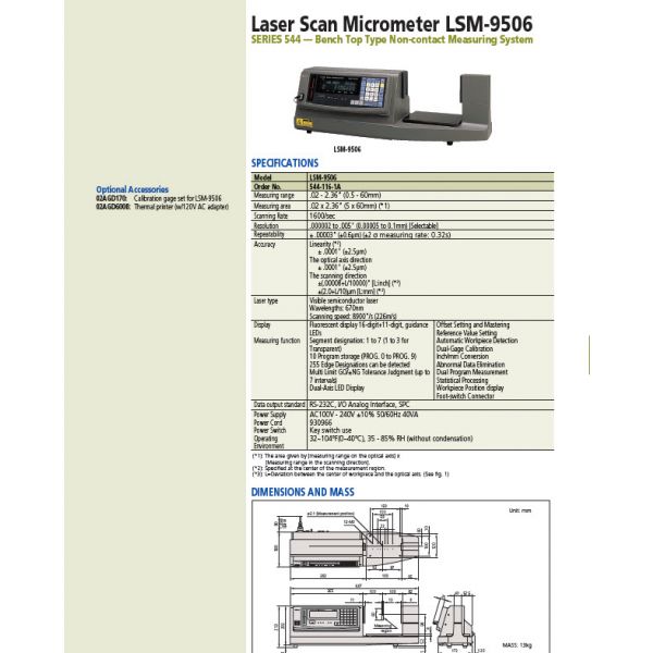 MODEL Mitutoyo 544-116E Laser Scan Micrometer LSM-9506 : 0.5-60mm/0.02-2.36" Resolution : 0.00005-0.1mm/0.000002-0.005"