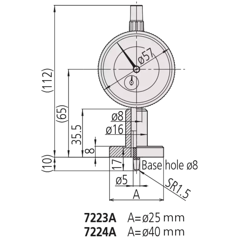 Dial Indicator Depth Gauge 0-10mm, Ball Point Contact Element, Round Base 7224A