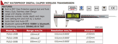 P1013-150B Pride Digital Caliper 0-150mm/0-6", IP67, With Output, Resolution 0.01mm(0.0005")