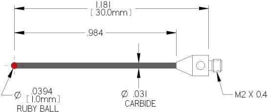 PART NO: 801-1R CMM Replacement Stylus M2 Thds, 30.0mm Range Length, Ø1.0mm Ruby Ball on Ø.79mm Carbide Stem X 25.0mm E.W.L.