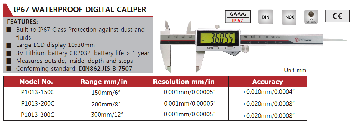 P1013-150C Pride Digital Caliper 0-150mm/0-6", IP67, No Output, Resolution 0.01mm(0.0005")