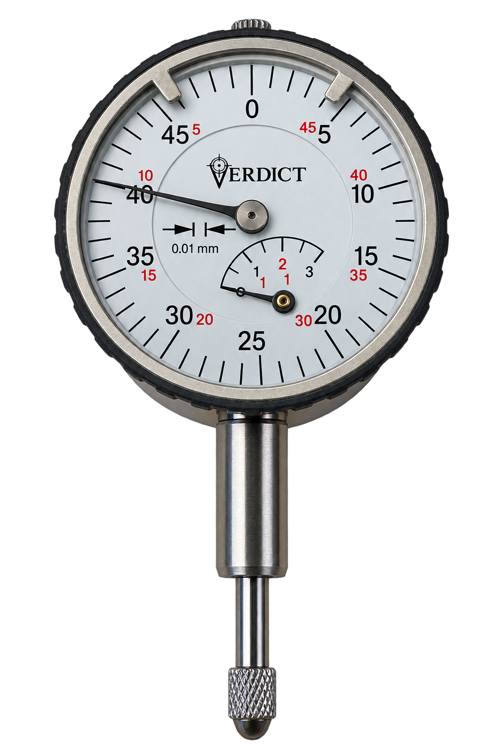 Verdict 23/2043 Small Dial Gauge KM 4 T Reading 0.01 mm Range 3 mm Range per revolution 0.5 mm Bezel-Ø 40 mm Stem-Ø 8 h 6