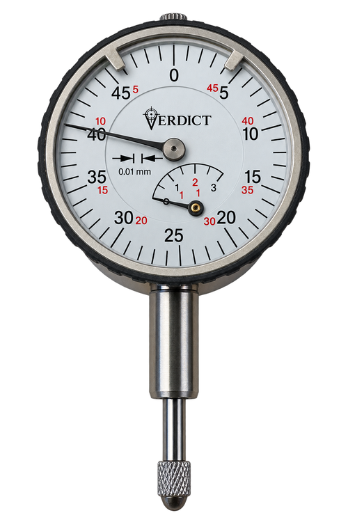 Verdict 23/2043 Small Dial Gauge KM 4 T Reading 0.01 mm Range 3 mm Range per revolution 0.5 mm Bezel-Ø 40 mm Stem-Ø 8 h 6