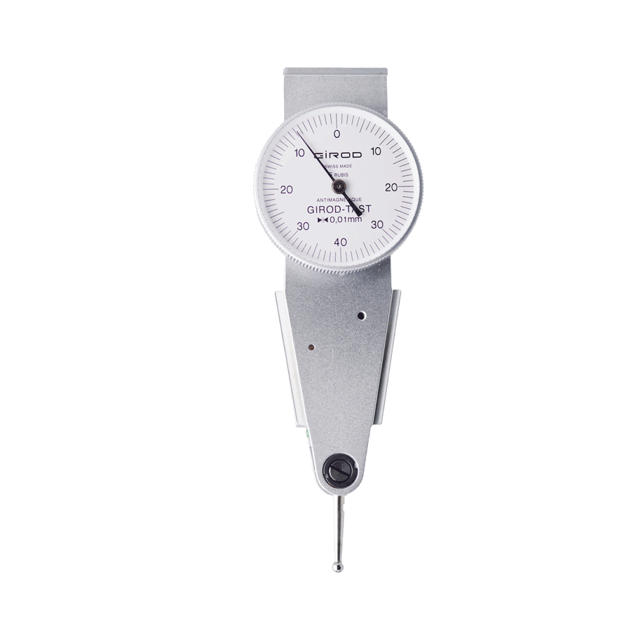 Girod GT 1292 R Lever Dial Indicator Parallel Type, Graduation 0.01mm, Range 0.8mm, Stylus Length 12mm, Bezel Diameter 27.4mm, Antimagnetic, Manufactured in Switzerland