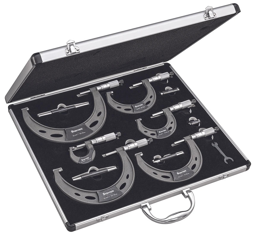 Starrett S436.2MCXRLZ Starrett Mechanical Micrometer Sets EDP Number : 12776 Range : 0-150mm Graduation : .01mm Set Includes : 25, 50, 75, 100, 125 & 150mm Micrometers with Five Standards in Case