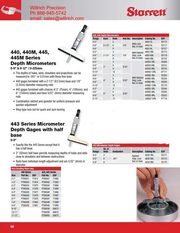 Starrett 445BZ-6R Vernier Depth Gauge, Micrometre Type, 0-6" Range, 0.001" Graduation, 4" Base, 6 Rods, +/-0.0001" Accuracy