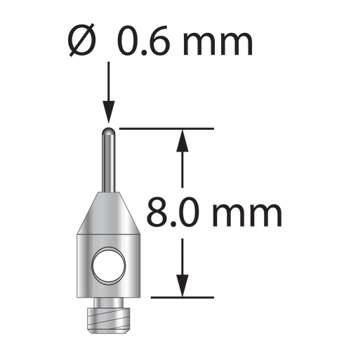 TM2-0608-BC M2 stylus with 0.6 mm diameter carbide cylinder and 3.0 mm diameter x 5.0 mm long stainless steel base. Overall stylus length is 8.0 mm