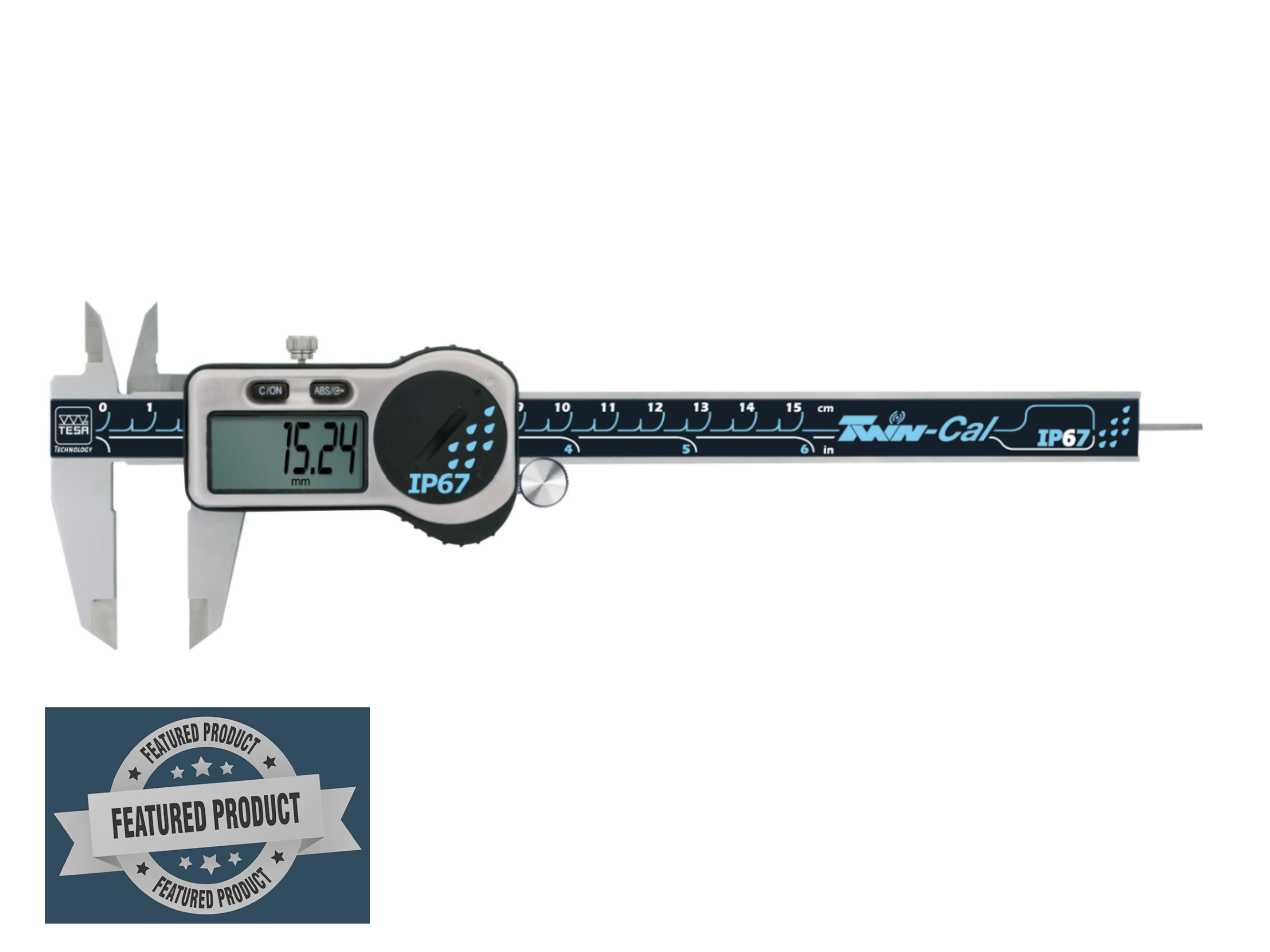 Tesa Universal Digital Calipers, 150 mm, TWIN-CAL IP67 (Round Depth Rod & Thumb Roller) 00530321