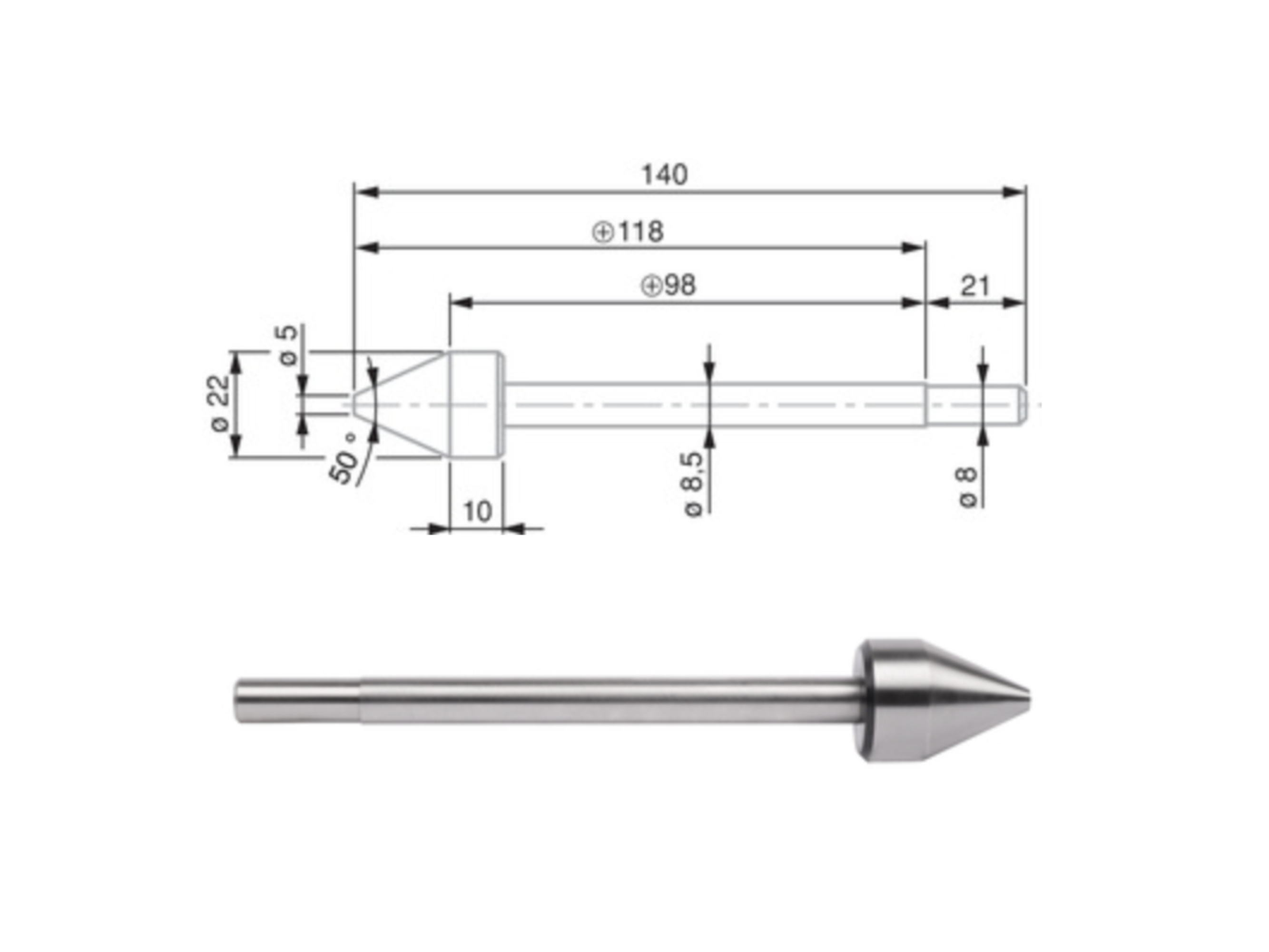 Cone-shaped insert Ø 8 mm shank, steel, Ø 22 mm, L140mm 0071684819