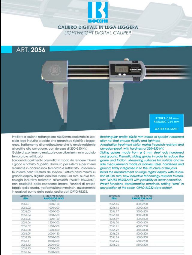 Bocchi 2500mm/100" Light weight digital Caliper Jaw length 200mm/8", Water Resistant, Resolution .01mm/.0005", RS232 Output 2056.13