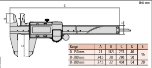 Mitutoyo Digital Caliper 0-150mm/0-6" No Output, Square Depth Rod & Thumb Roller 500-196-30 with UKAS Certificate of calibration