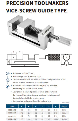 8802-5115, 73mm screw type toolmakers vice by Dasqua, 6520-102
