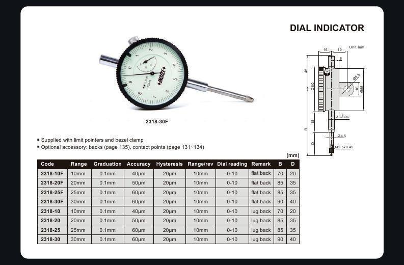 Insize Standard Indicator, Lug Back, ISO Type, 10mm, 0,1mm 2318-10