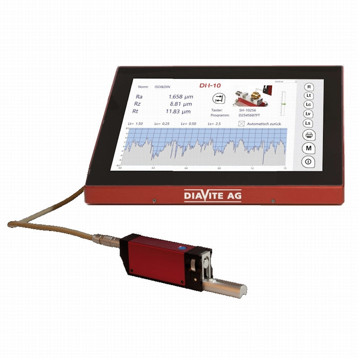 Diavite DApp/VHF Surface Finish Unit and App for PC, Standard SH Tracer Measuring Range Ra, Rq: 0 – 20.00 µm | 0 – 800 µin All other measuring values: 0 – 350.0 µm | 0 – 1400 µin. Resolution Ra, Rq: 0.001 µm All other measuring values: 0.01 µm