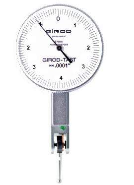Girod Horizontal Indicator GT1453A, Graduation: .0001", Range: .008", Reading: 0-4-0, Face 1.5'', Stylus .5'', DIN 2270