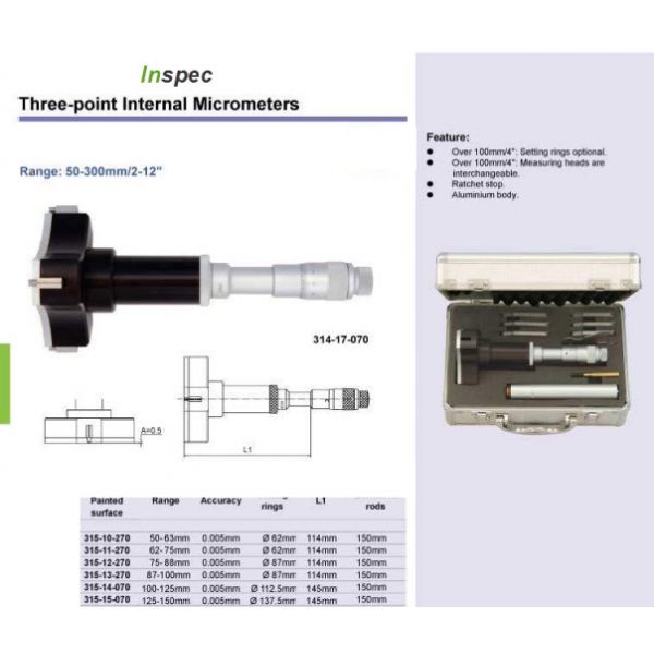 Inspec 315-13-270 3 Point micrometers Accuracy:.005mm Graduation:.005mm Range: 87-100mm