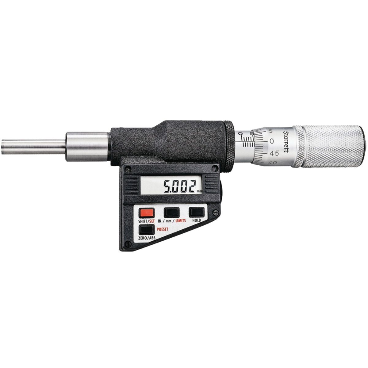 Starrett 762MEFL-25 Digital Micrometer Head, Non-Rotating Spindle, 0-25mm Range, 0.001mm Graduation, +/-0.003mm Accuracy, Friction Thimble, Lock Nut, Carbide Face