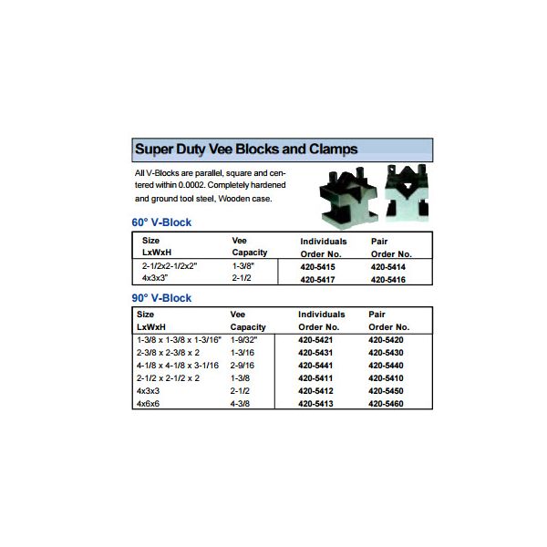 MHC 420-5420 Super Duty Vee Blocks L x W x H :1-3/8" x 1-3/8" x 1-3/16" Clamping capacity : 1-9/32" 90 degree Vee, Accuracy .0004" in Pairs