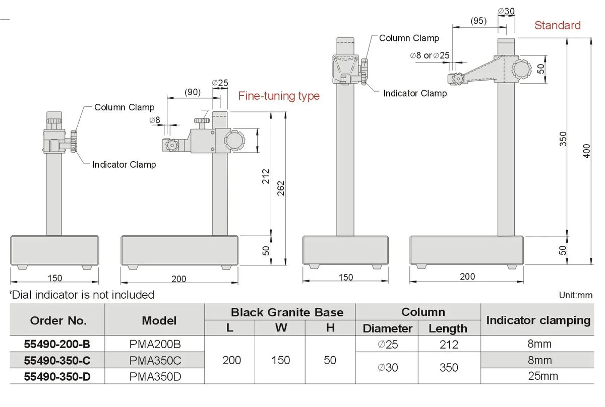 PMA200B Precision Comparator Stand 200 x 150 x 50mm Column 25mm x 212mm Indicator clamping 8mm